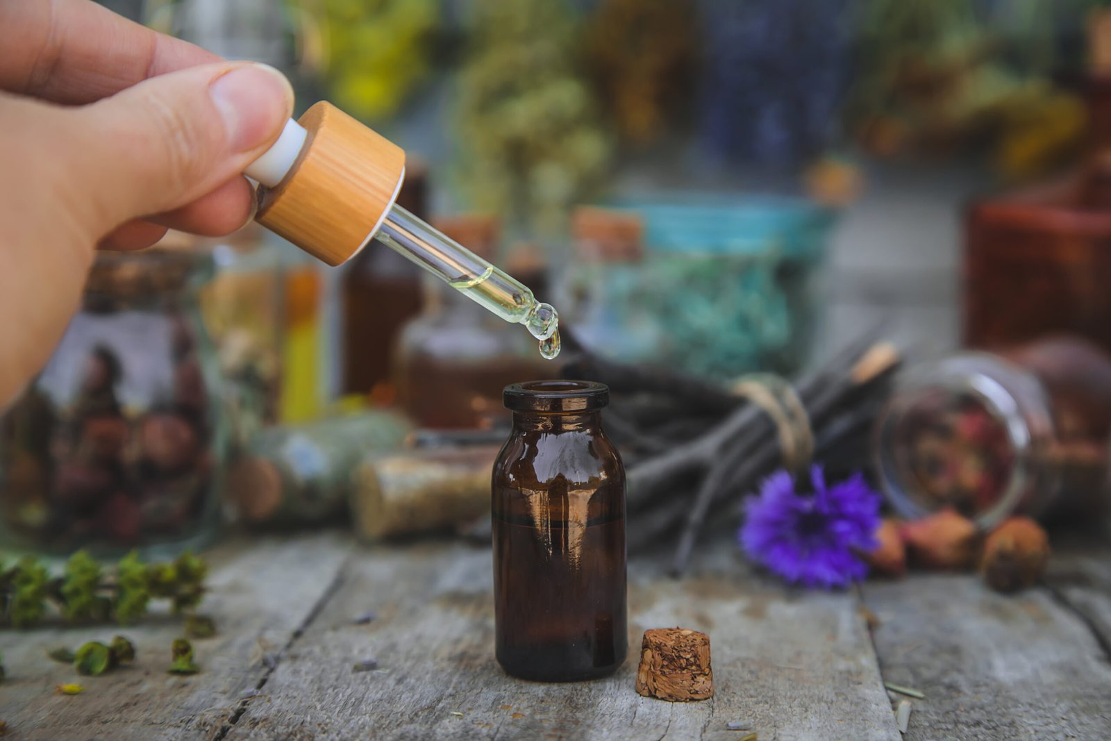 Medicinal herbs and tinctures homeopathy. Selective focus. Nature.